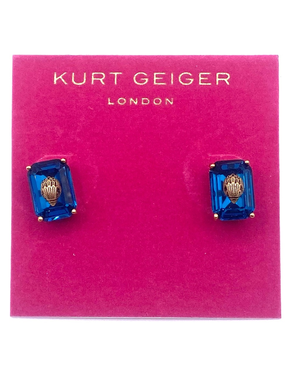 Kurt Geiger Blue Emerald Cut Crystal Eagle's Head Stud Earrings NWT